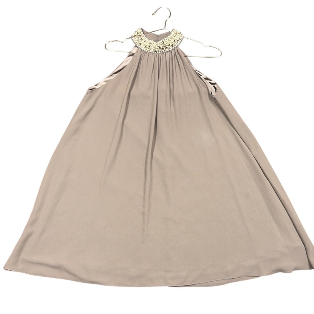 Belle Badgley Mischka Dress Womens 2 Taupe Beaded Halter Neck Trapeze Cocktail